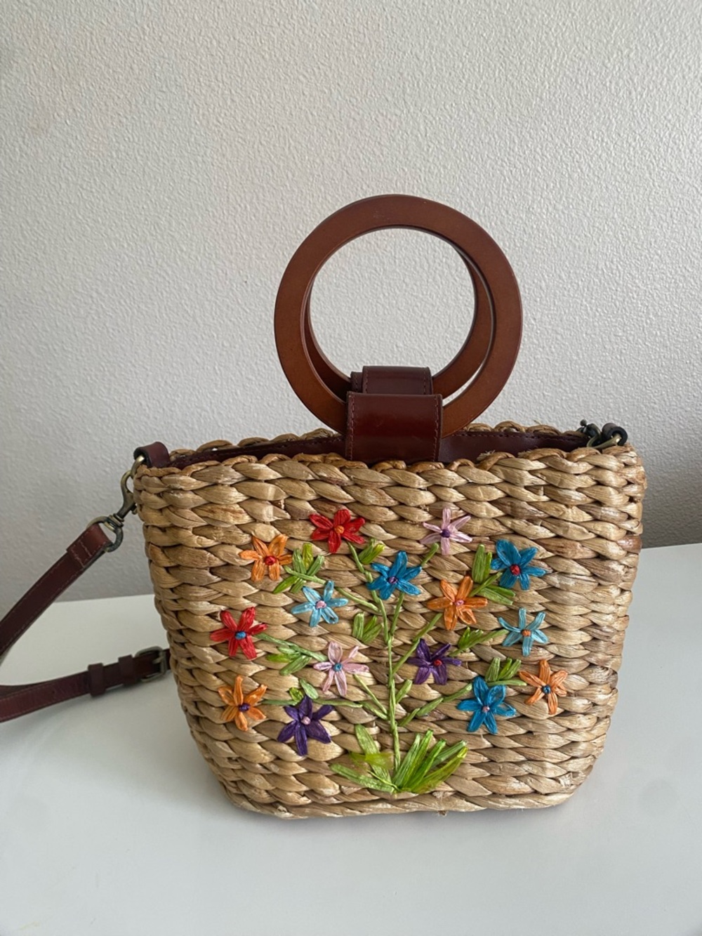 Patricia Nash Woven  Straw Floral Embroidered Crossbody Bag Brown Ring Handles